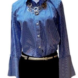 NWT Loft Blue Pinstripe Button Down Bell Sleeve Blouse size S
